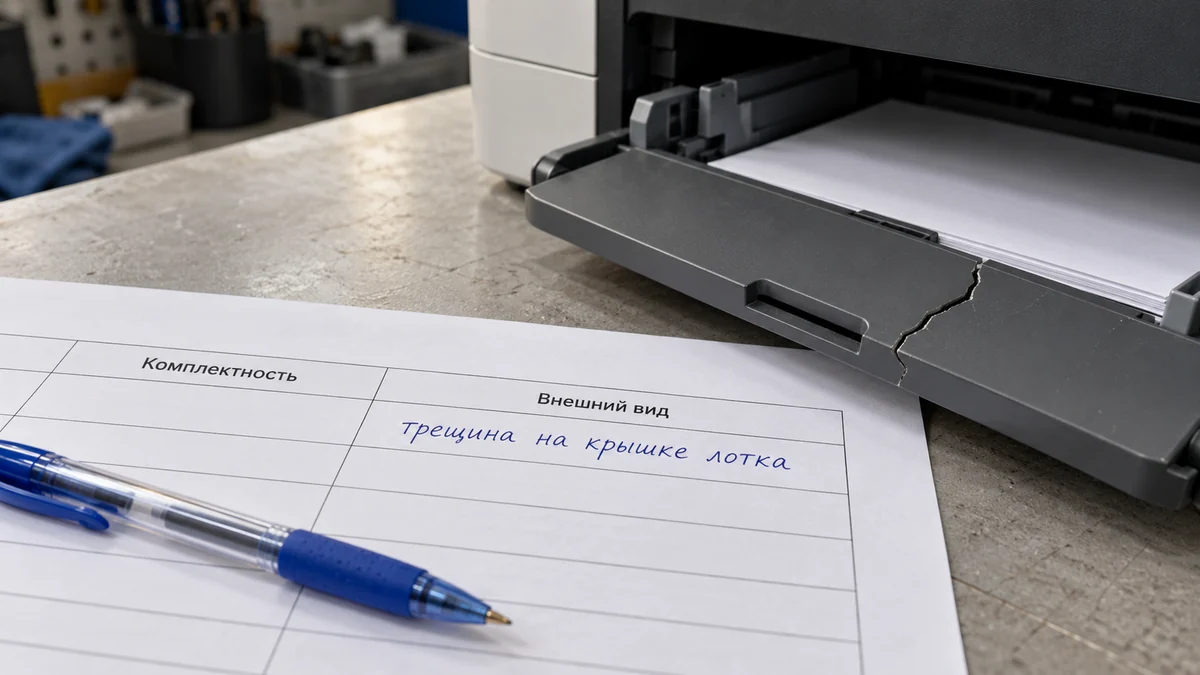Иллюстрация: на стойке приёмки лежит распечатанный бланк, в графе «Внешний вид» от руки написано «трещина на крышке лотка», рядом стоит принтер с треснувшей крышкой лотка.