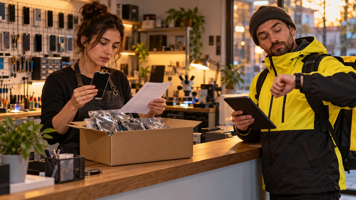 Иллюстрация: приёмщица в фартуке держит дисплей и сверяет его с накладной над открытой коробкой запчастей, курьер в жёлтой куртке с планшетом смотрит на часы.