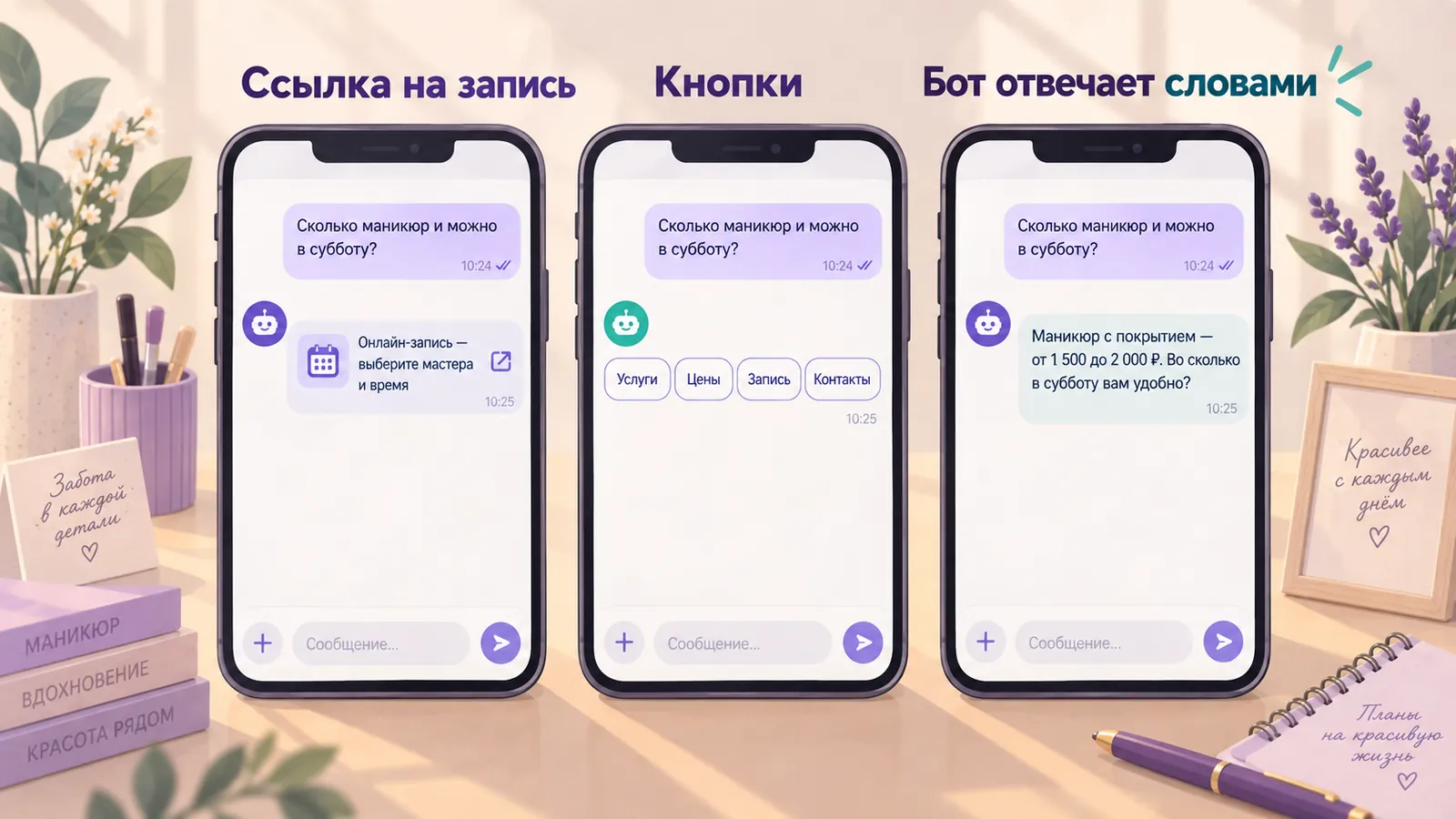Иллюстрация: три телефона рядом. На первом клиенту пришла ссылка на страницу онлайн-записи, на втором ряды кнопок «Услуги», «Цены», «Запись», на третьем бот отвечает словами, называет цену и спрашивает удобное время.
