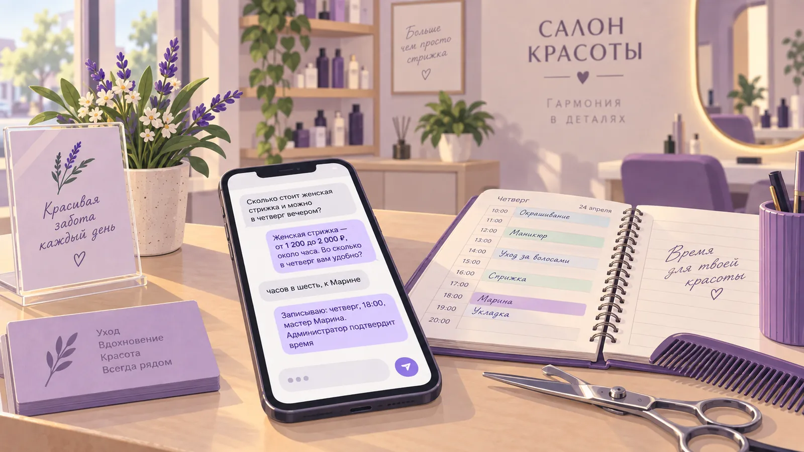 Иллюстрация: смартфон с перепиской в мессенджере, где бот салона называет цену стрижки и записывает клиентку на четверг к мастеру, рядом на столе ежедневник записи и ножницы.