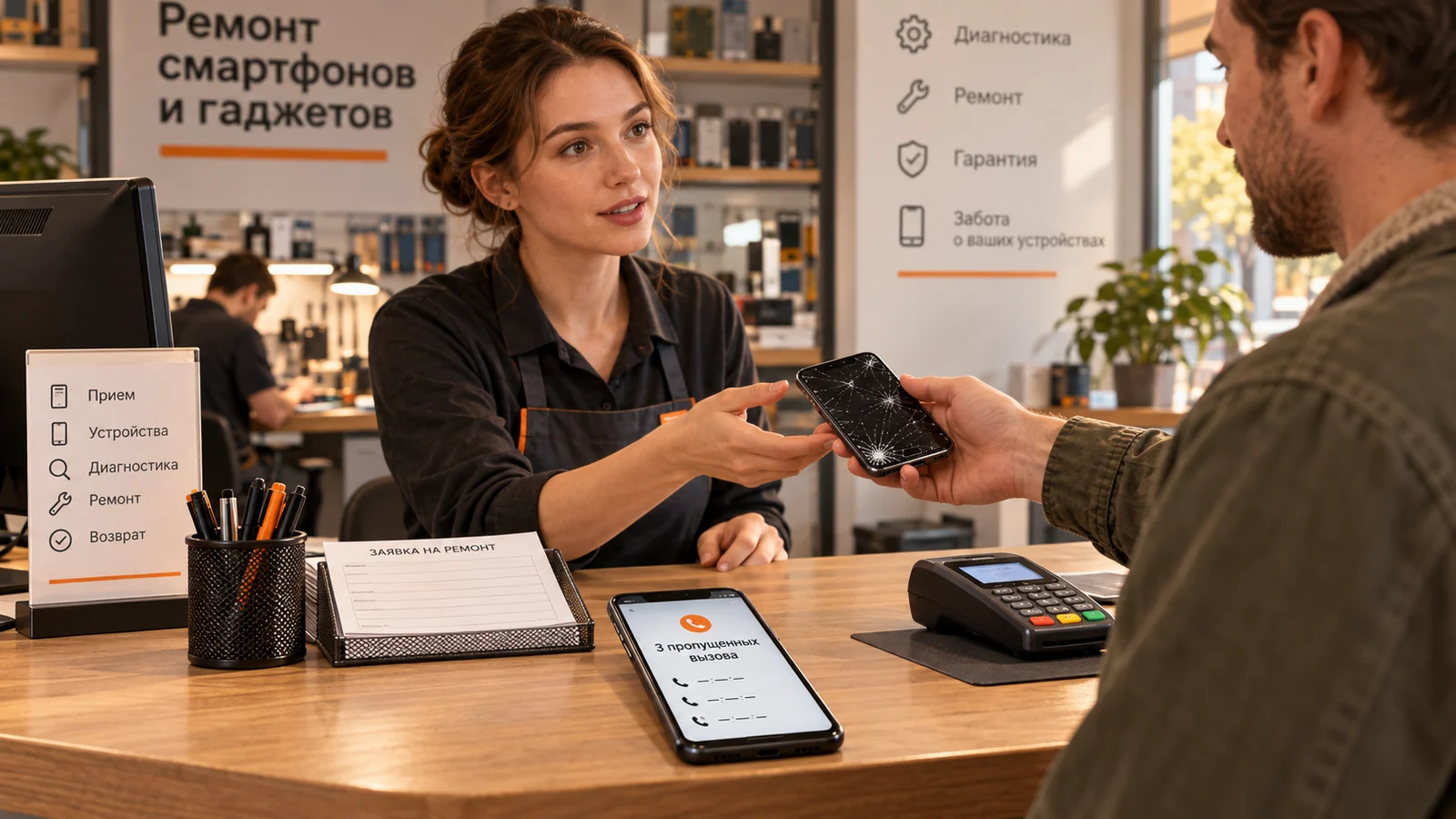 Иллюстрация: стойка приёма в сервисе, приёмщица берёт у клиента телефон с разбитым экраном, а на рабочем телефоне рядом горит уведомление о трёх пропущенных вызовах.