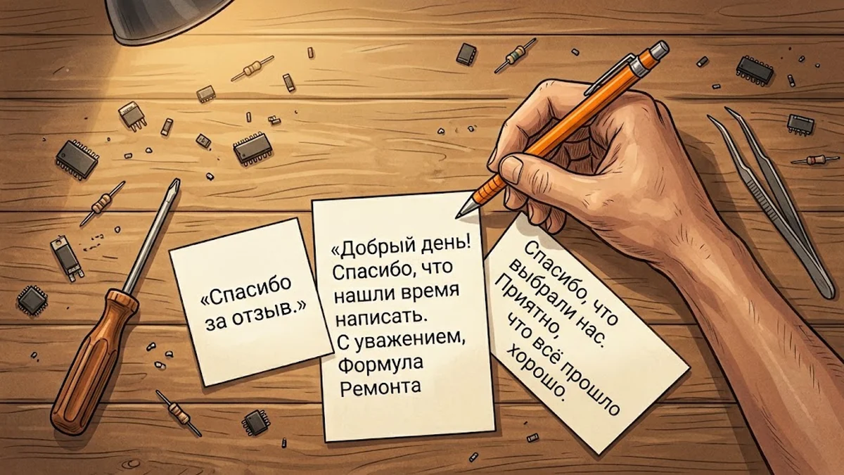 Иллюстрация: на деревянной стойке мастерской лежат три бумажные карточки с ответами на отзывы — короткая «Спасибо за отзыв.», длинная с подписью «С уважением, Формула Ремонта» и третья без подписи, над ними рука с оранжевым карандашом.