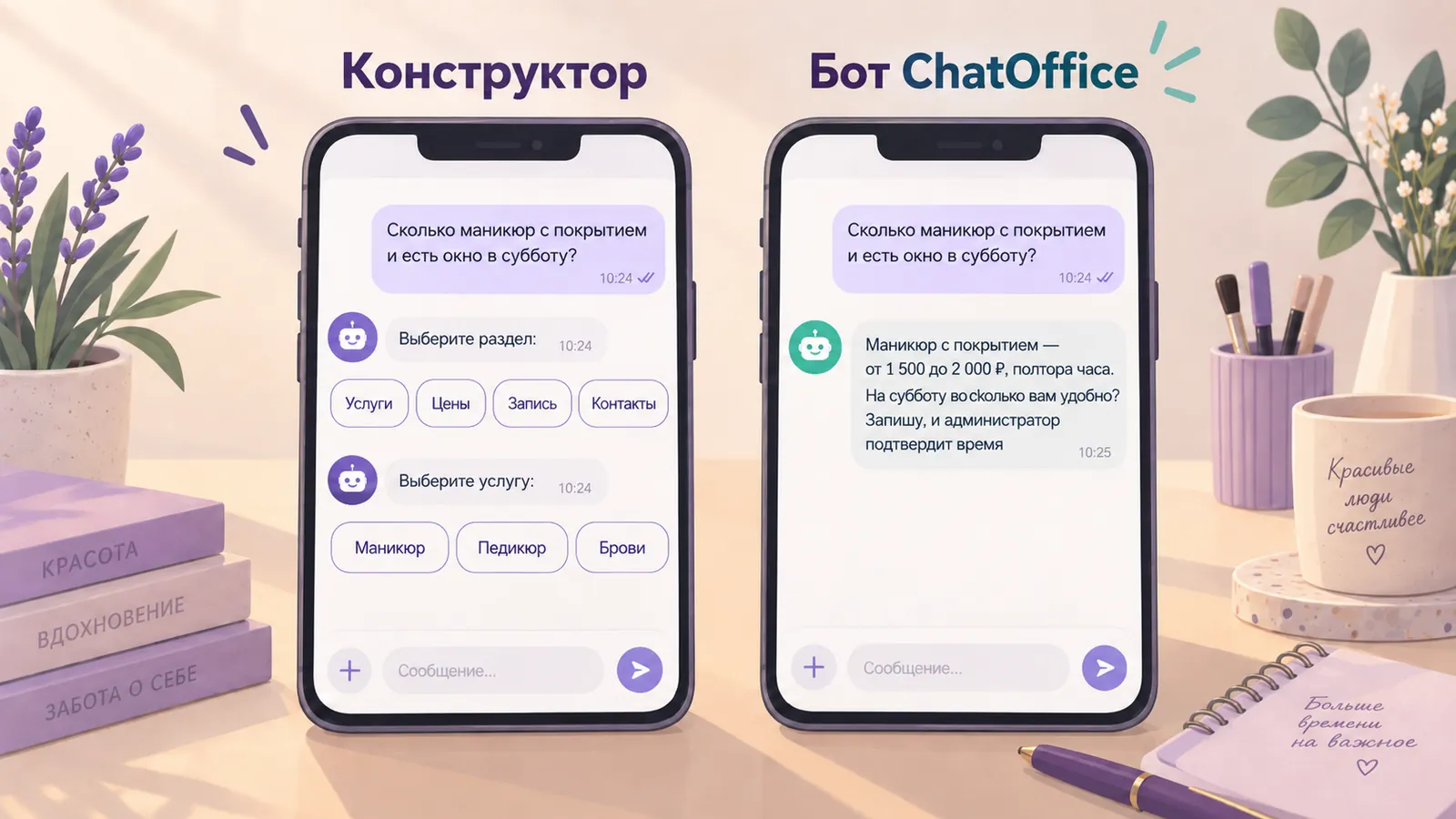 Иллюстрация: два телефона с одним и тем же вопросом клиентки про маникюр и субботу. Слева конструктор отвечает рядами кнопок «Услуги», «Цены», «Запись», справа бот ChatOffice отвечает словами: называет цену и спрашивает, во сколько клиентке удобно.