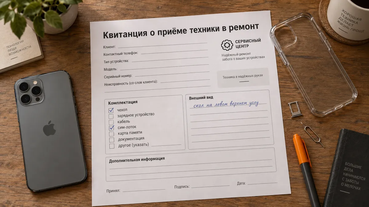 Иллюстрация: крупный план бланка квитанции, в графе «Комплектация» отмечены чехол и сим-лоток, в графе «Внешний вид» от руки записан скол на левом верхнем углу.