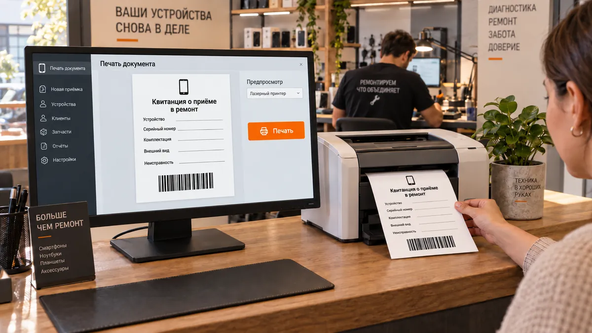 Иллюстрация: экран кабинета с предпросмотром квитанции о приёме, справа кнопка печати, на бланке видны графы устройства, комплектности, внешнего вида и штрихкод, рядом принтер выдаёт такой же лист.