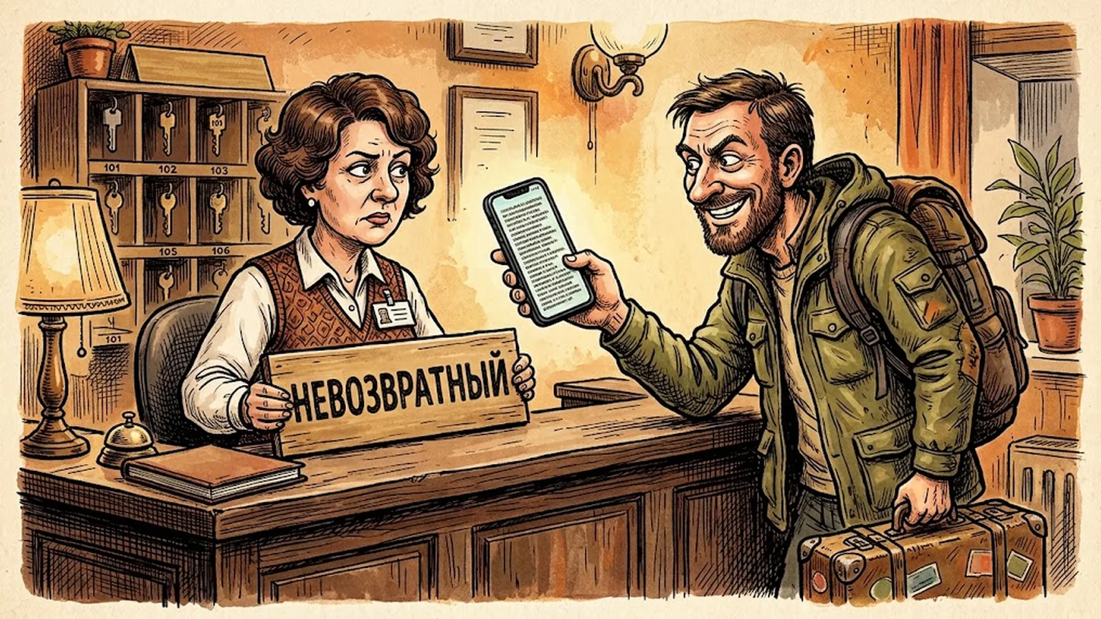 Иллюстрация: администратор мини-отеля стоит за стойкой с табличкой «Невозвратный», а гость по другую сторону стойки с улыбкой показывает ей на телефоне текст правил.