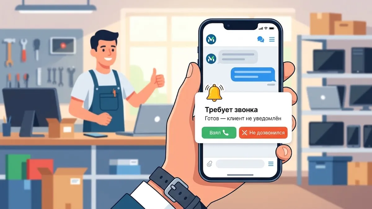 Карточка «Требует звонка» в рабочем чате MAX: номер заказа, статус «Готов — клиент не уведомлён», техника и две кнопки «Взял» и «Не дозвонился».