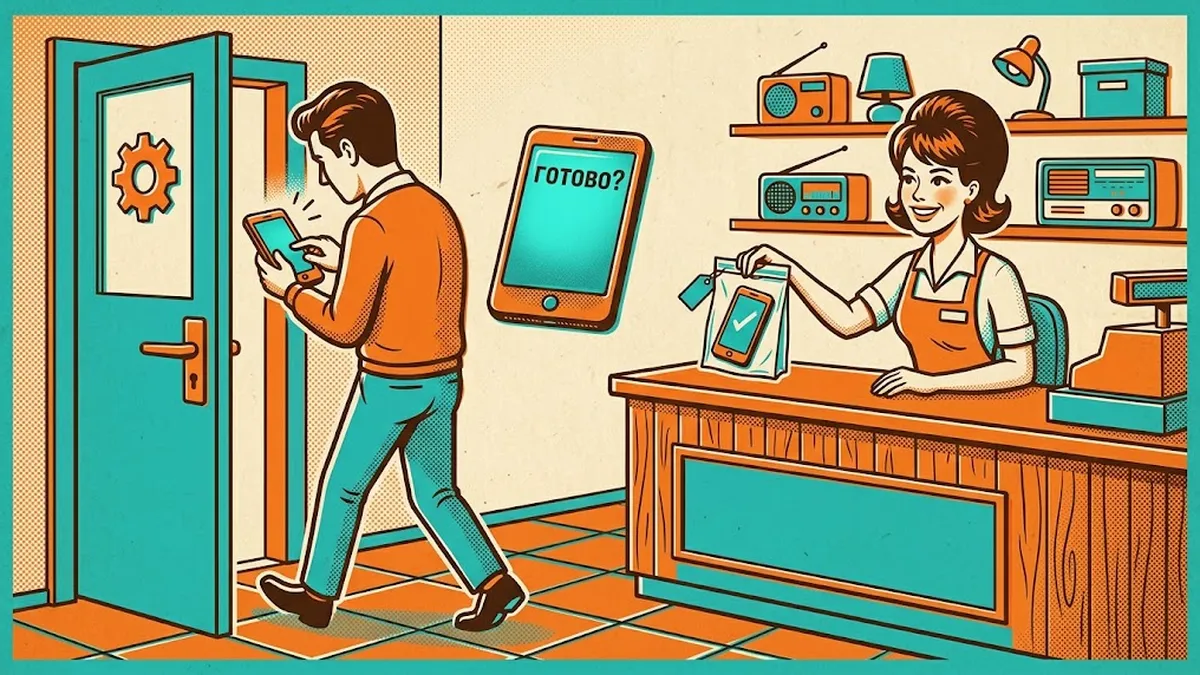 Клиент входит в мастерскую, не отрываясь от телефона, где набирает «готово?», а администратор за стойкой уже протягивает ему отремонтированный телефон в пакете с биркой.