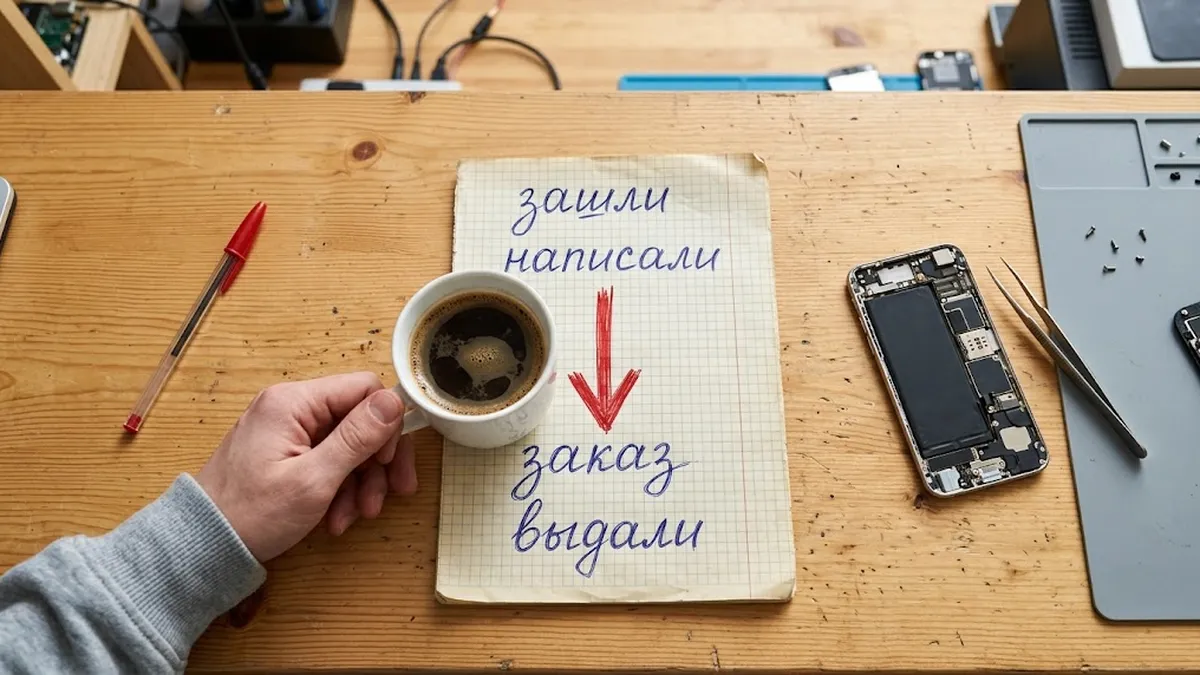 Лист в клетку лежит на стойке приёмки рядом с телефоном в ремонте, на листе четыре слова столбиком, между вторым и третьим нарисована красная стрелка вниз